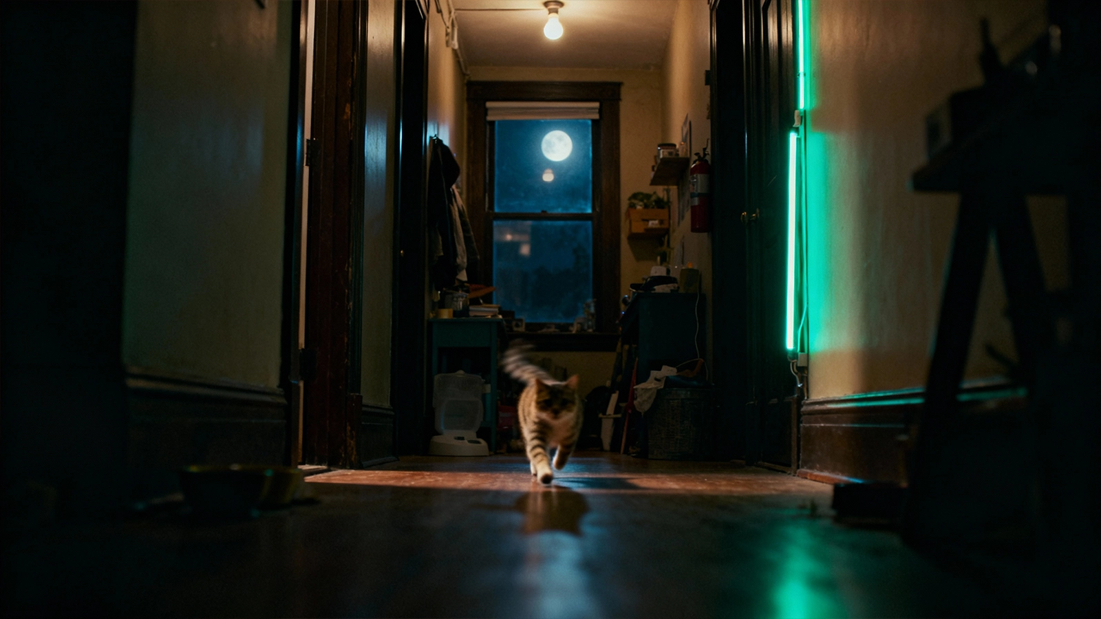 Energetic cat sprinting across a hallway during nighttime