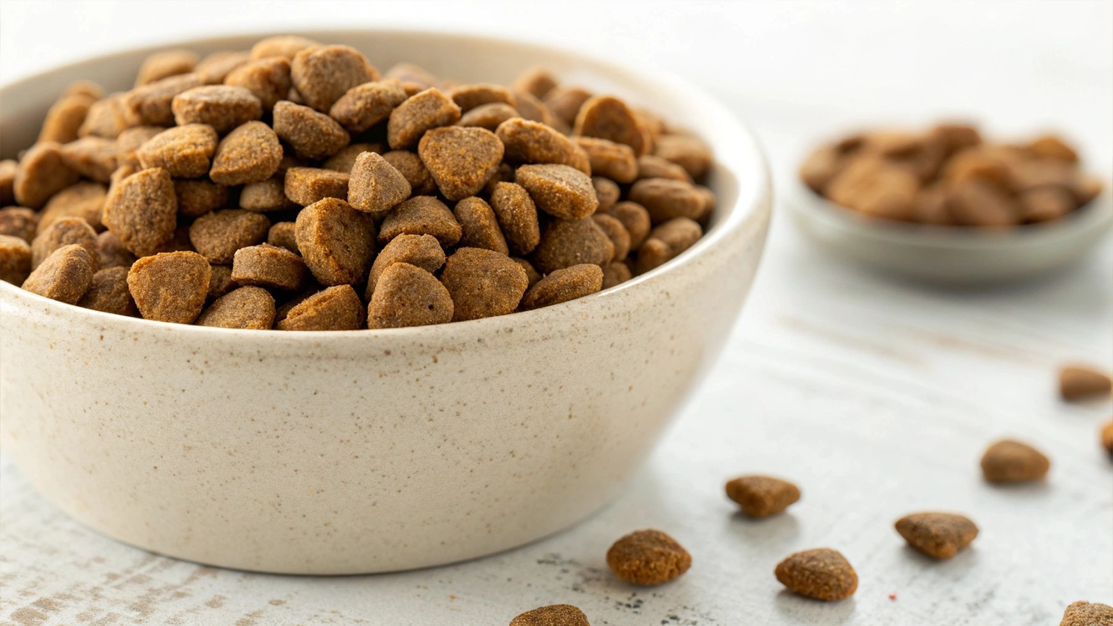 Bowl of premium dry cat food recommended by veterinarians