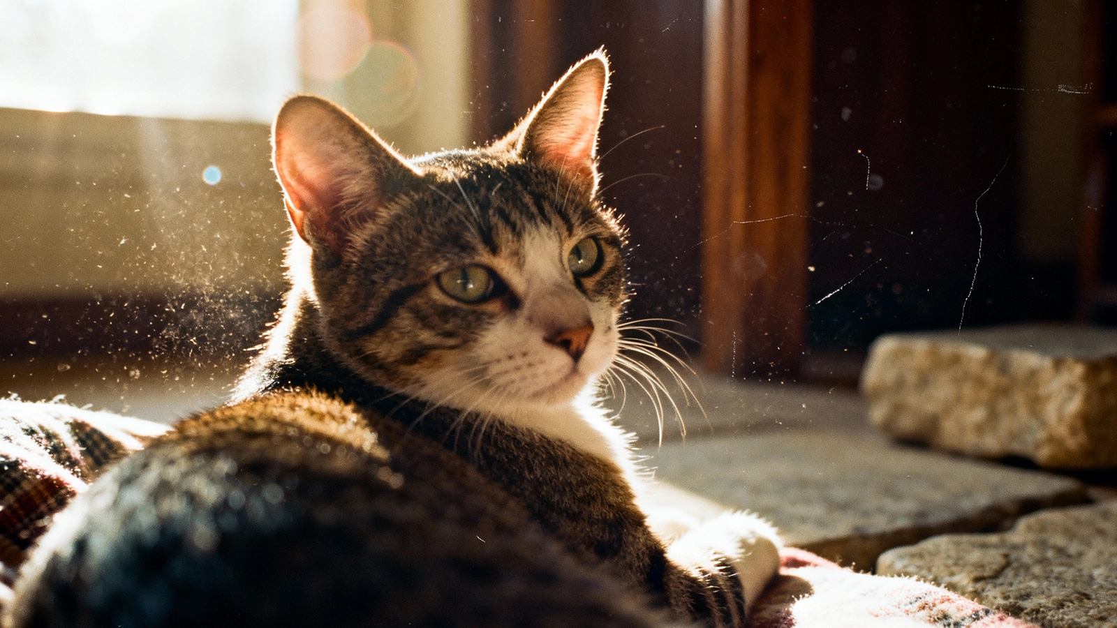 close-up of a cat with ears pointed forward in an alert yet relaxed posture