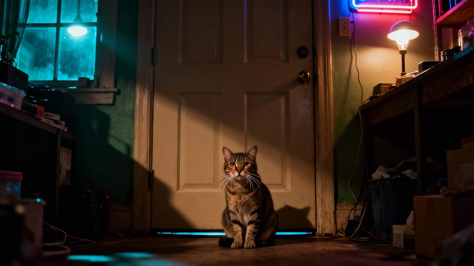 Cat sitting outside a closed bedroom door and meowing softly