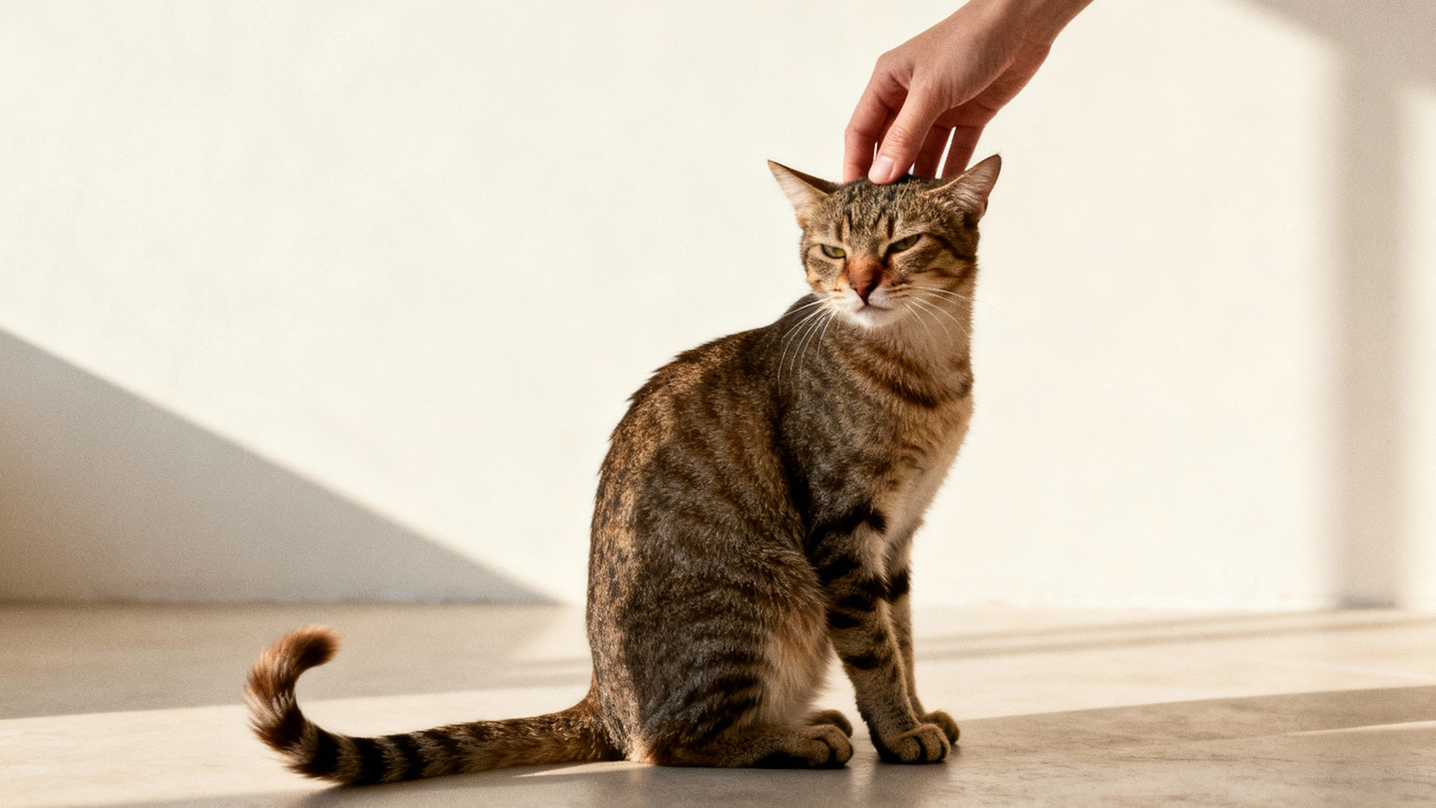mildly irritated cat flicking its tail during petting