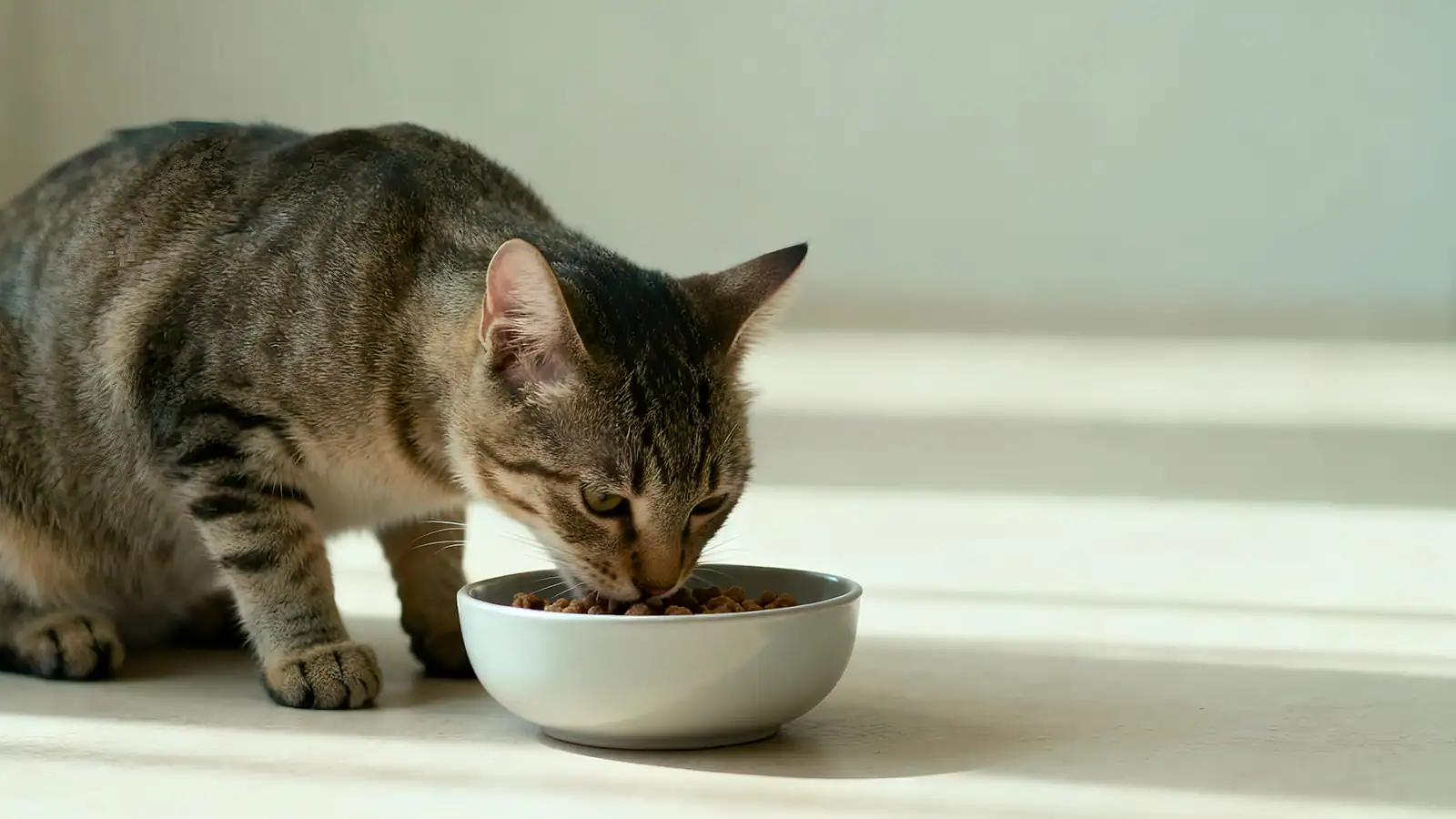 “Healthy cat eating nutritionally balanced diet”