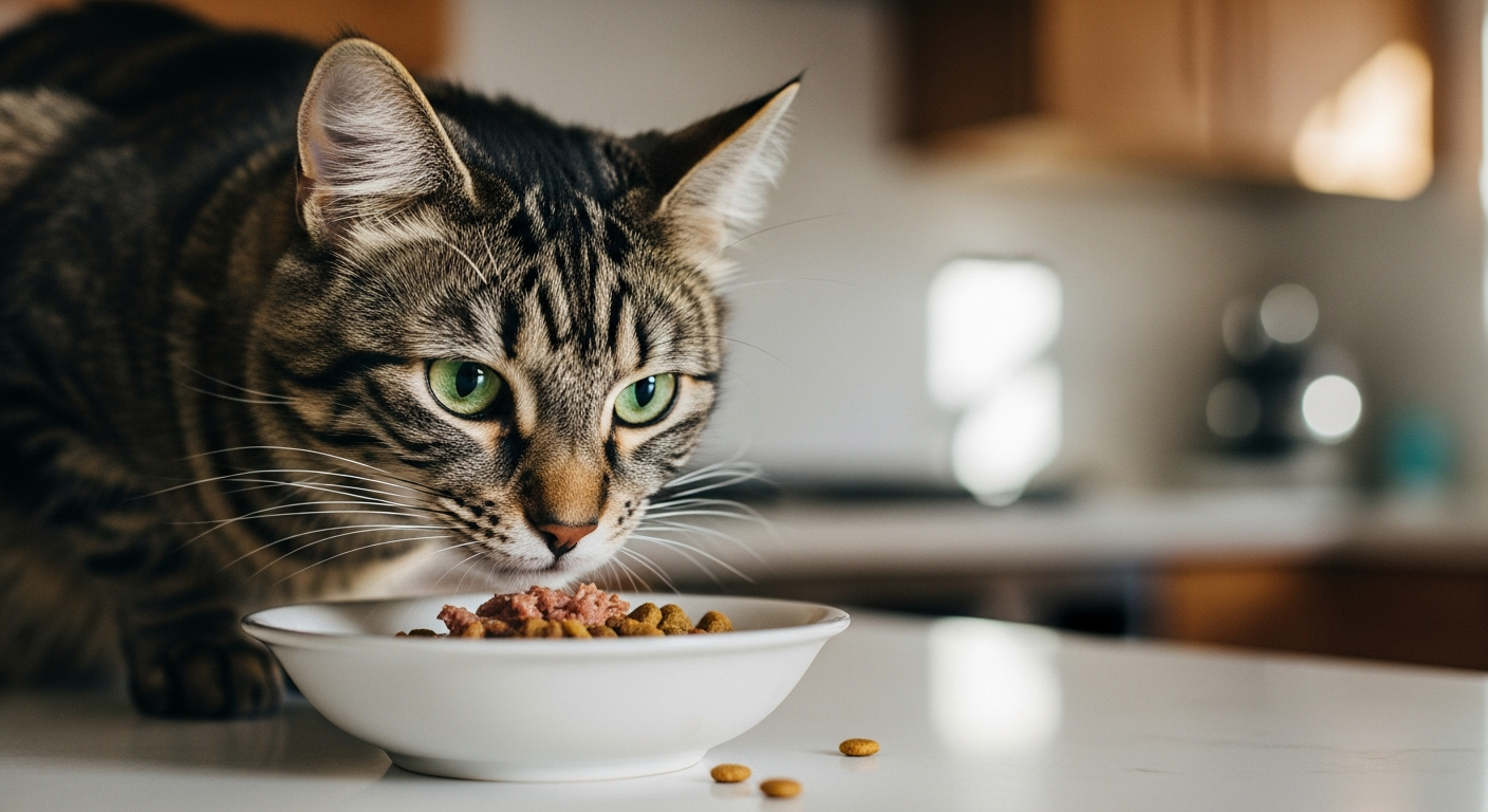 Cat hesitating while eating from its food bowl