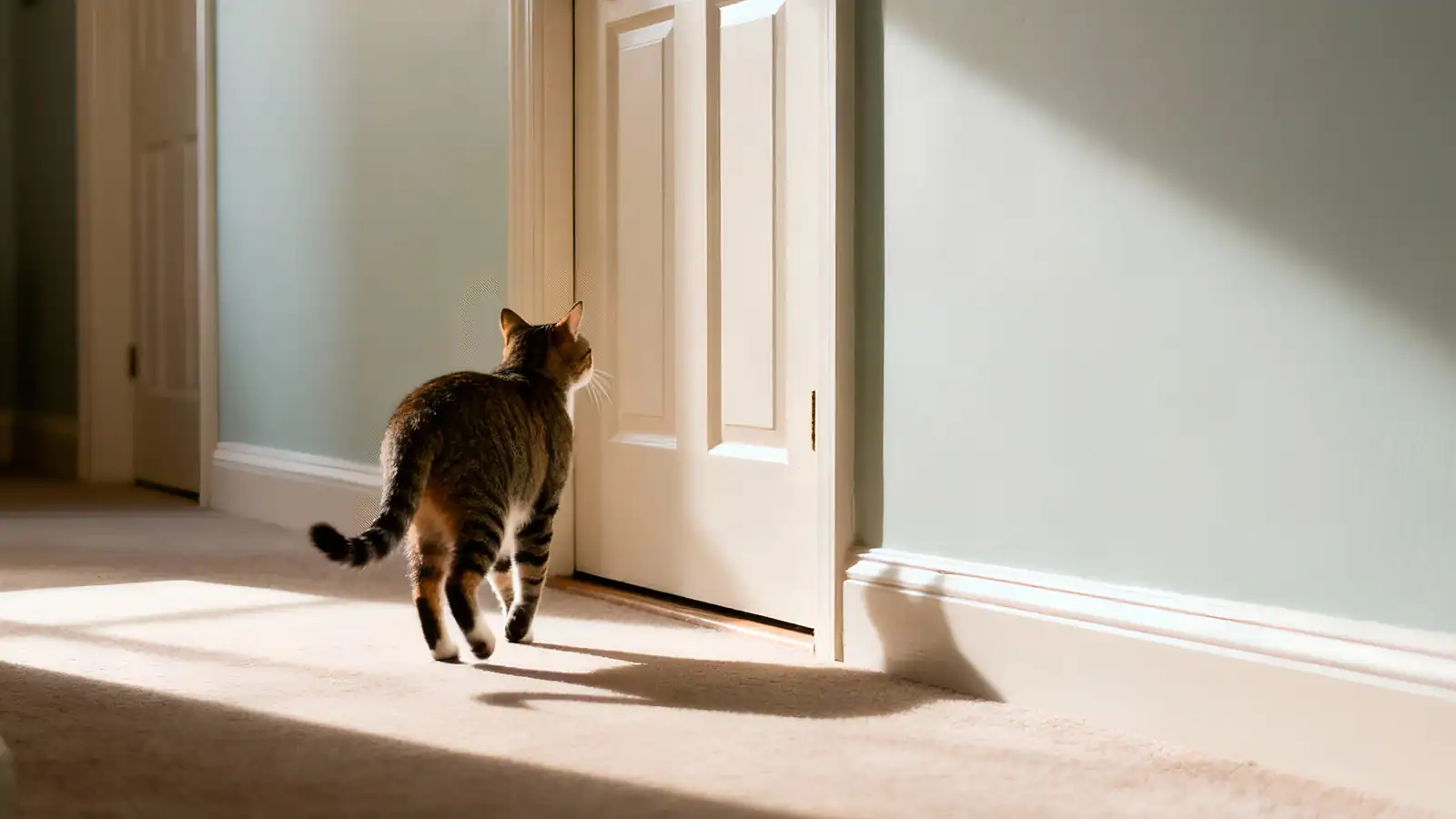 “Cat approaching the front door to greet its returning owner”