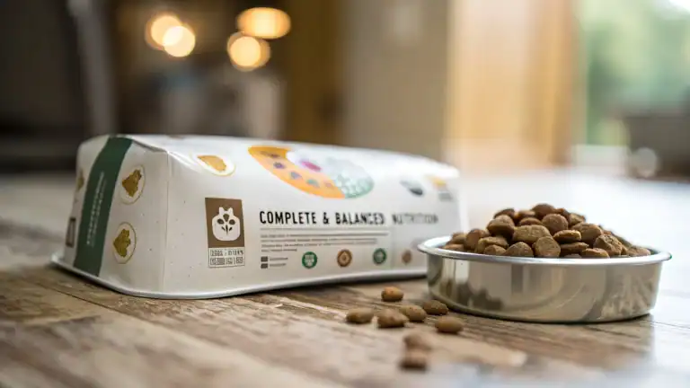 “Cat food package displaying Complete & Balanced nutrition label”