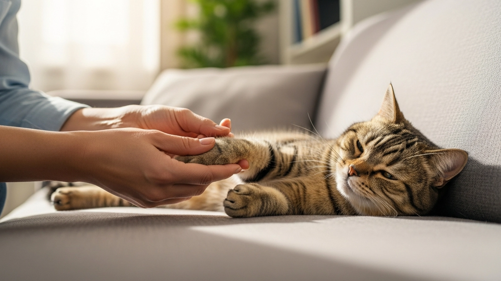 Cat owner gently examining a small paw wound at home