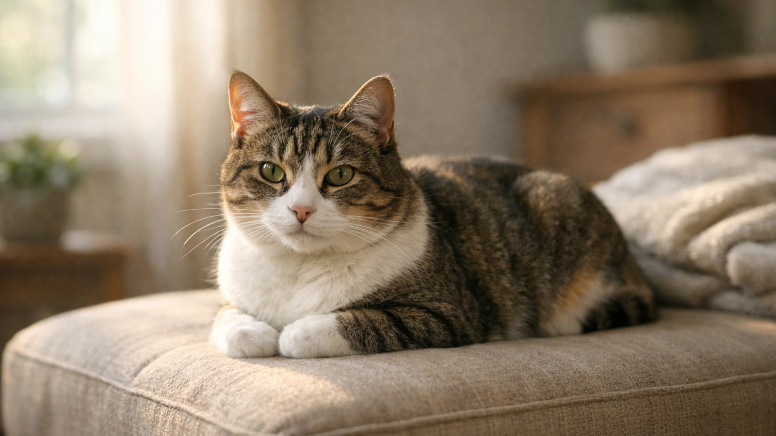 A calm indoor cat resting comfortably in a balanced home environment.