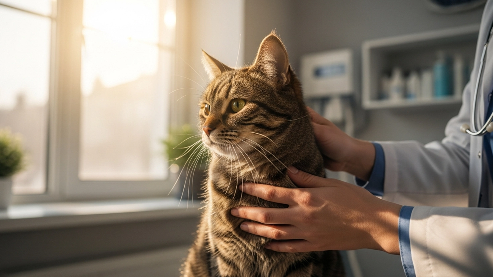 A calm indoor cat sitting by a sunny window while being gently examined by a veterinarian.