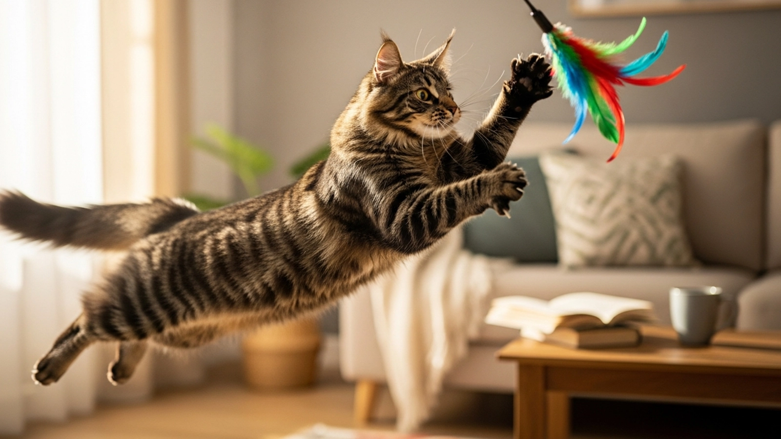 An indoor cat actively playing with a feather wand toy in a comfortable home environment.
