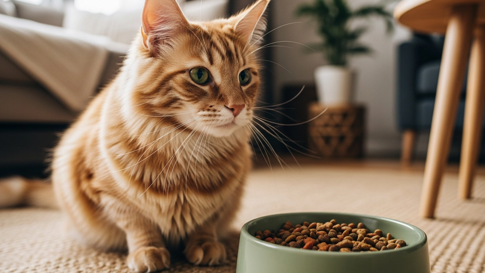 A healthy indoor cat sitting calmly beside a bowl of high-protein cat food in a bright home setting.