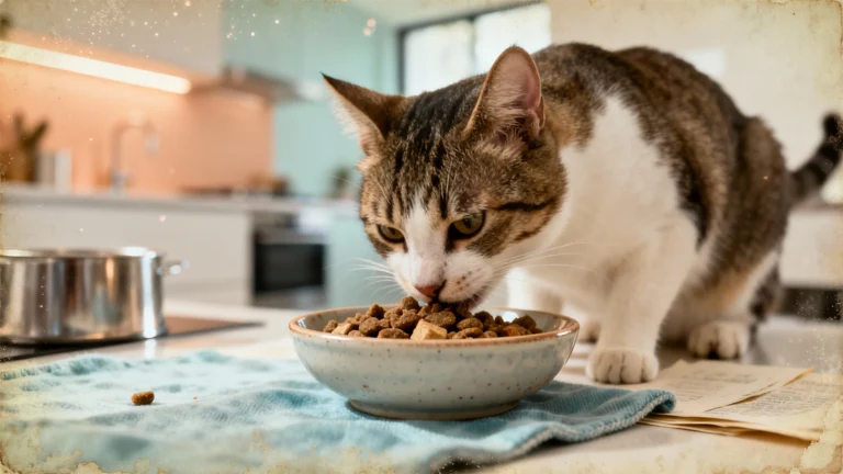 Healthy cat eating high-quality veterinarian-recommended food from a clean ceramic bowl