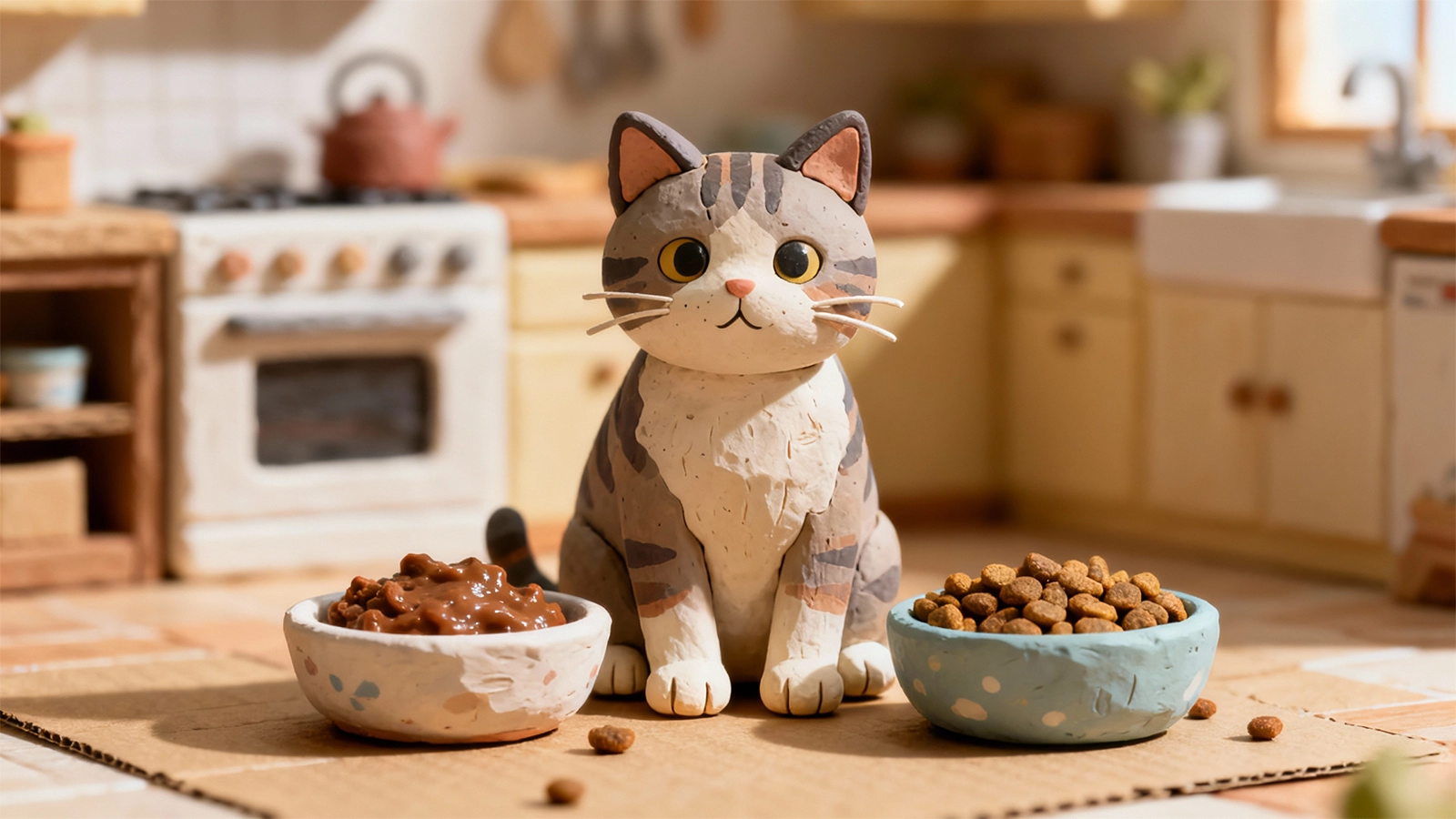 wet food and dry food side by side in bowls with a healthy adult cat choosing between them