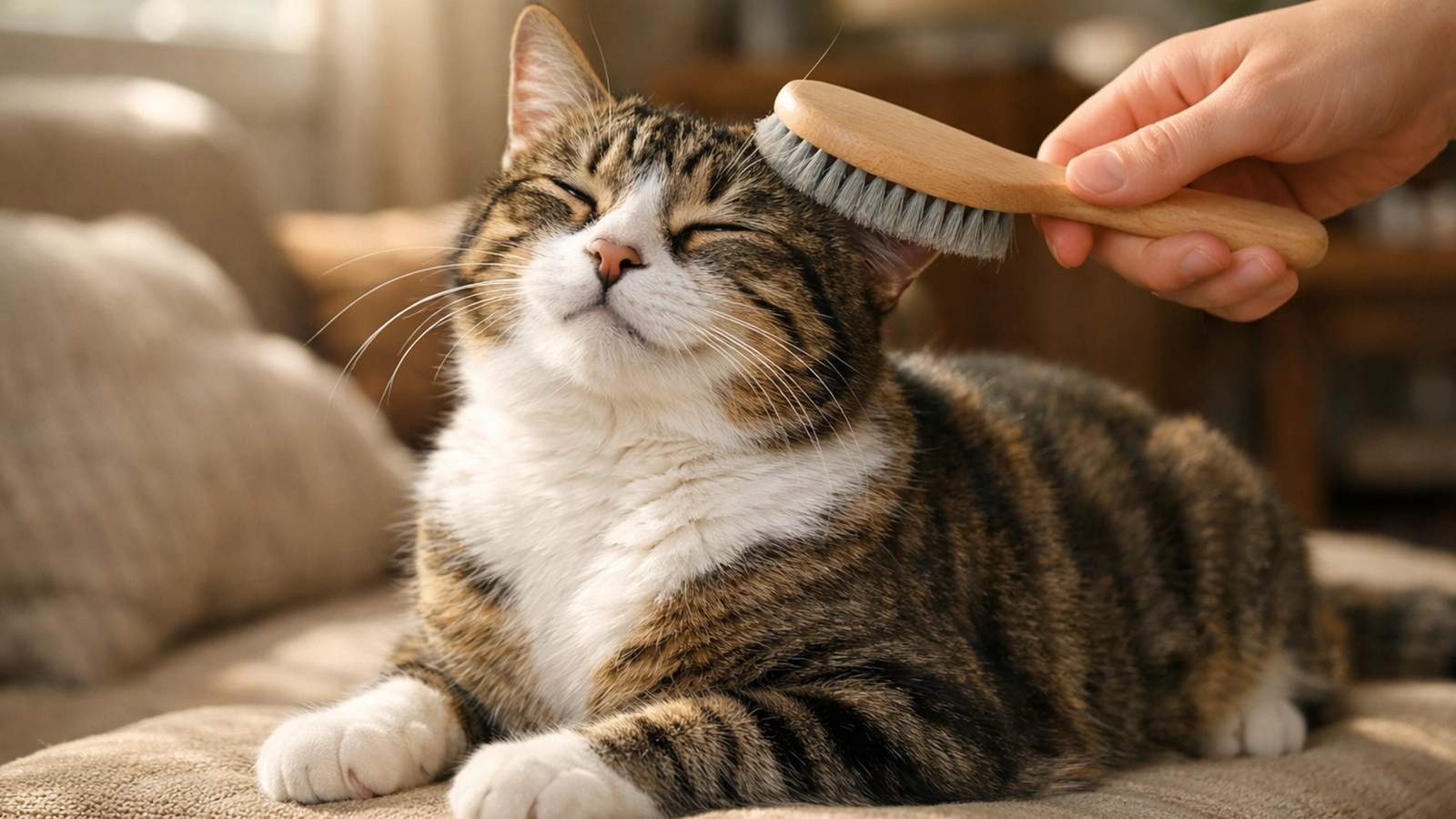 indoor cat being gently brushed with a sleek coat and calm expression