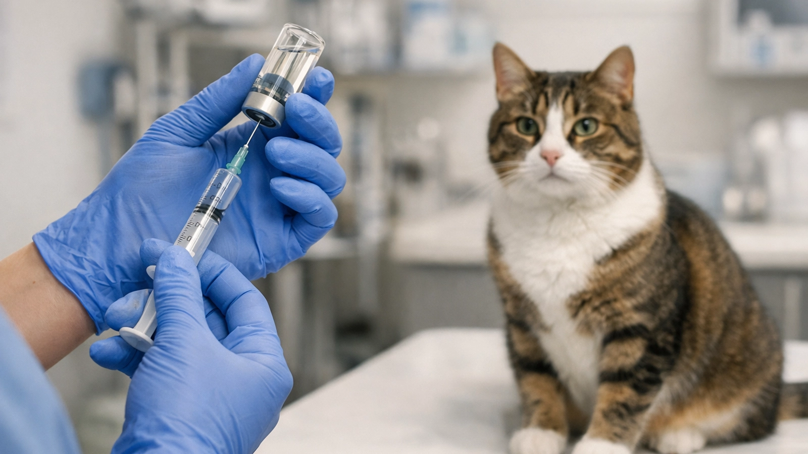 A veterinarian preparing a vaccine syringe while an indoor cat waits calmly on the exam table.