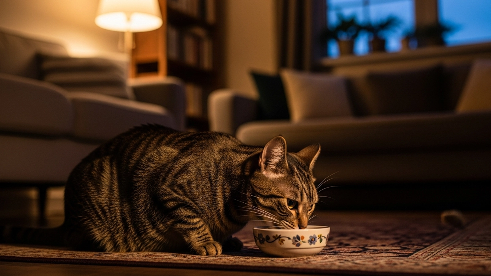 Tabby cat eating from a bowl on a rug in a cozy living room at night, warm indoor lighting and home interior in background.