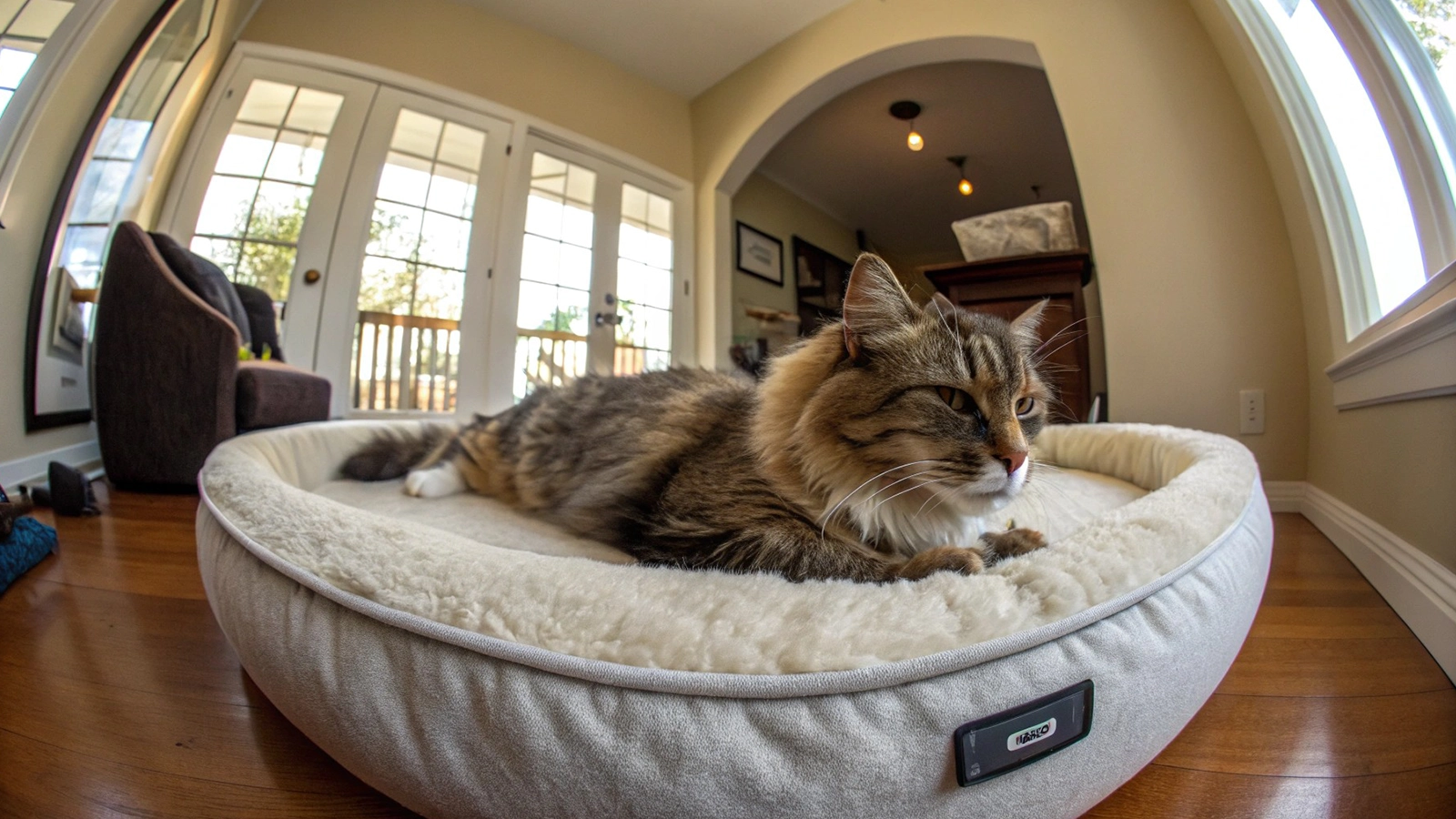 elderly cat sleeping comfortably on a soft orthopedic bed