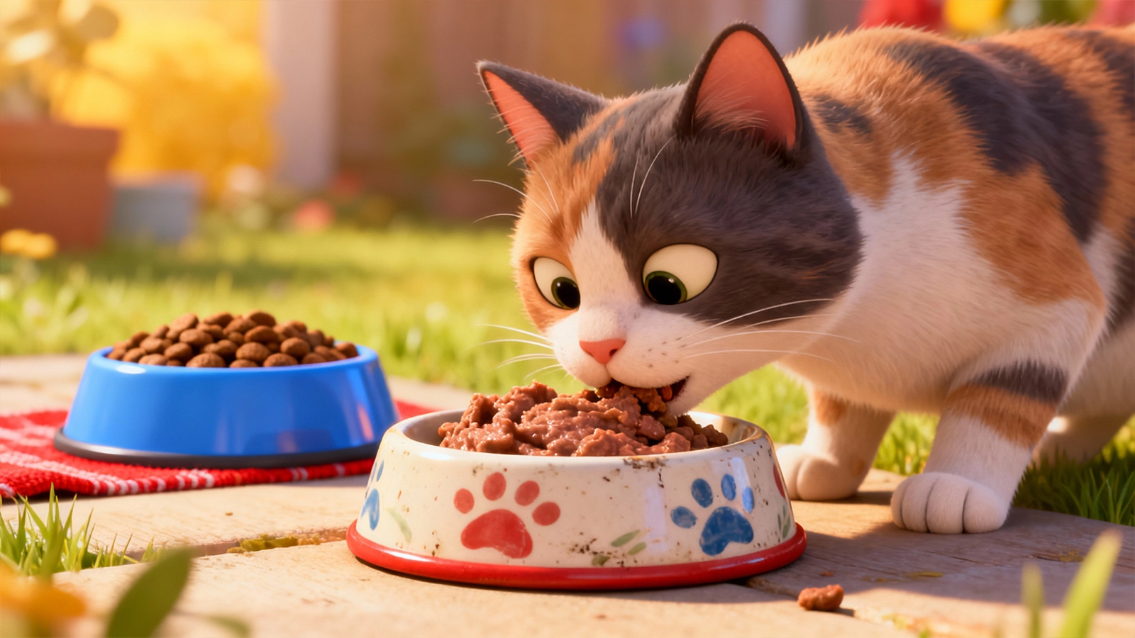 cat eating wet food while dry food bowl sits nearby