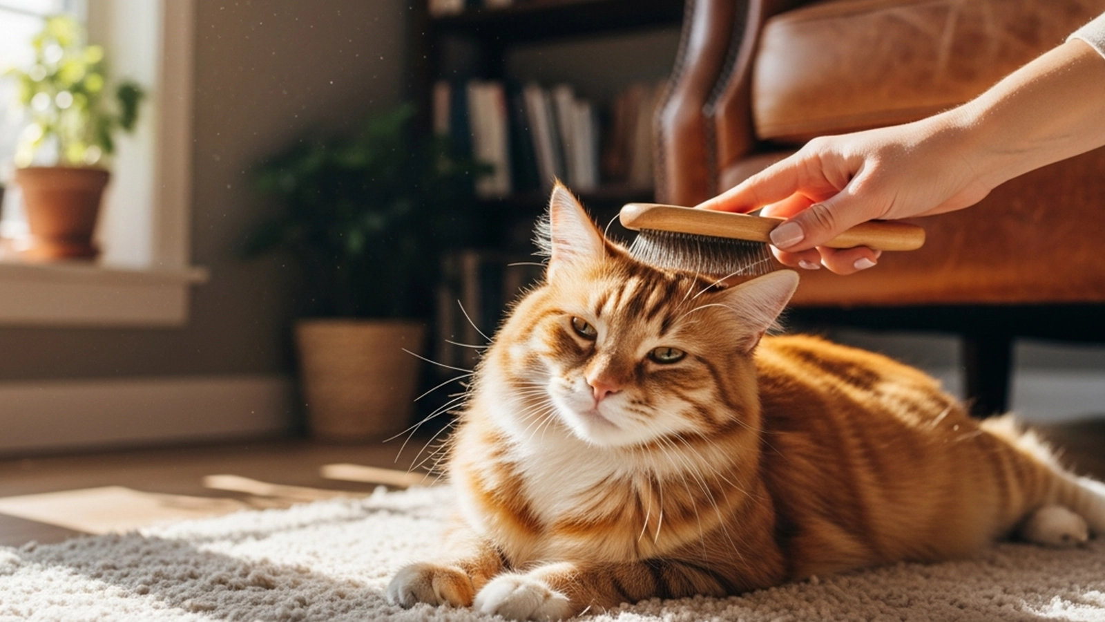 brushing an indoor cat with a soft grooming brush