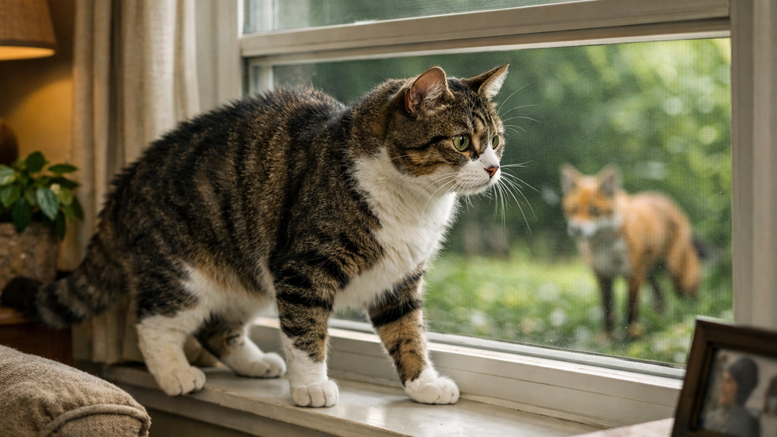 indoor cat reacting aggressively after seeing another animal through a window