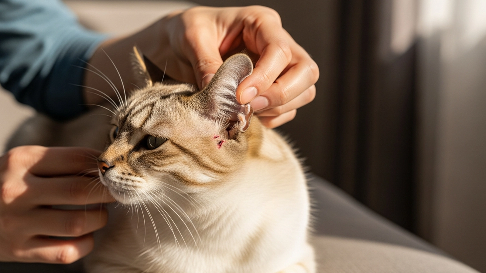 Cat owner gently checking a small scratch on a cat’s ear at home