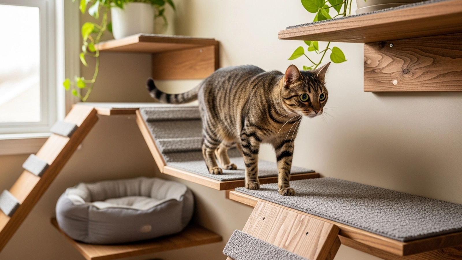 A cat exploring a quiet indoor space with multiple resting and climbing options.