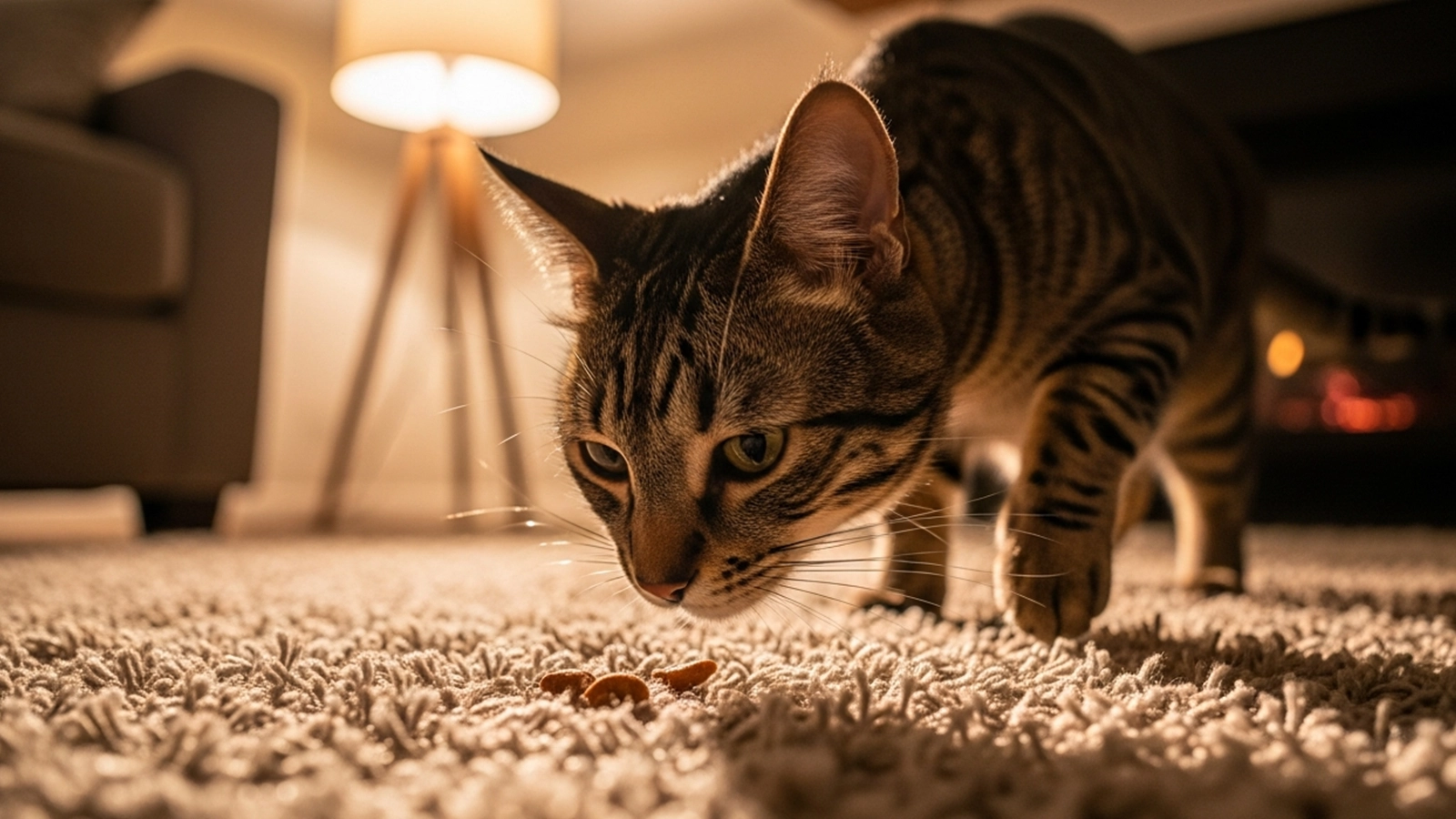An indoor cat calmly sniffing the floor while searching for hidden treats in the evening.