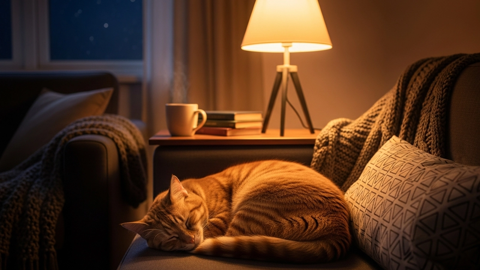 An indoor cat sleeping peacefully on a sofa at night, reflecting balanced nutrition and calm energy.