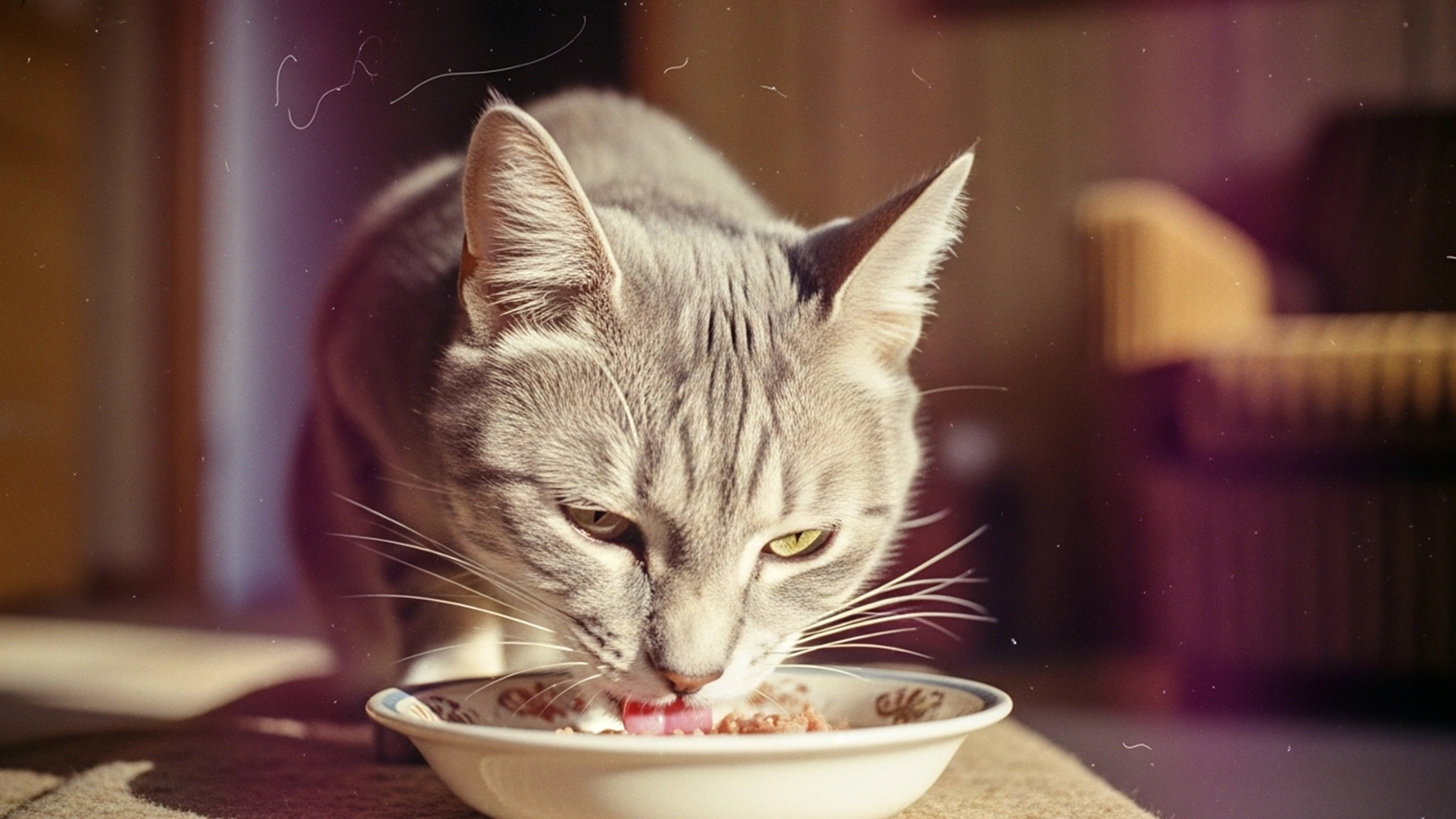 senior cat eating wet food calmly