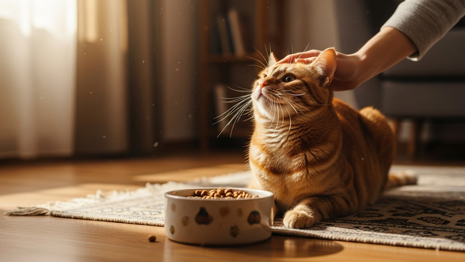 A relaxed indoor cat making eye contact with its owner during a quiet feeding moment, showing trust and emotional comfort.