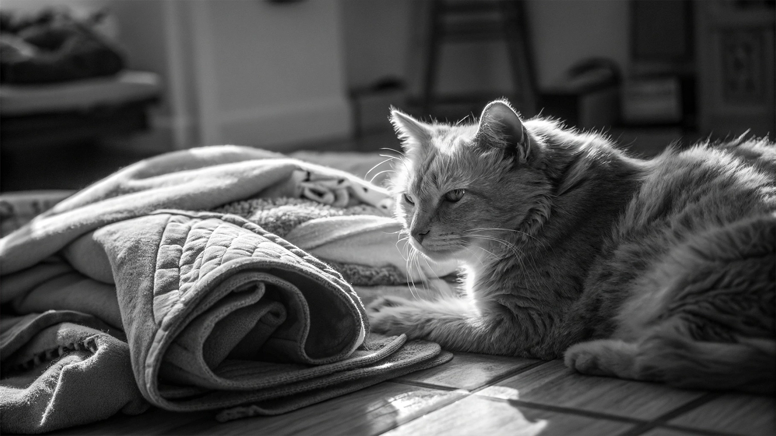 senior cat resting near familiar blankets and bedding