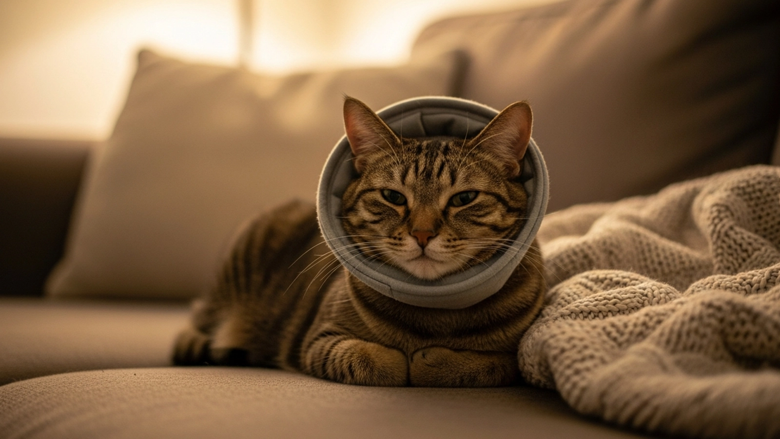 Cat wearing a soft recovery collar resting comfortably at home