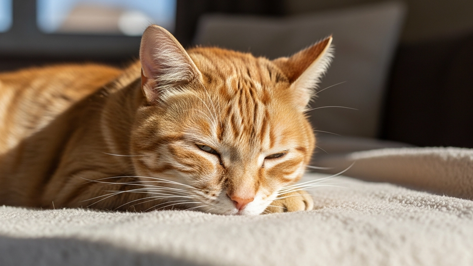 An older cat resting comfortably on a soft surface in a quiet, familiar room.