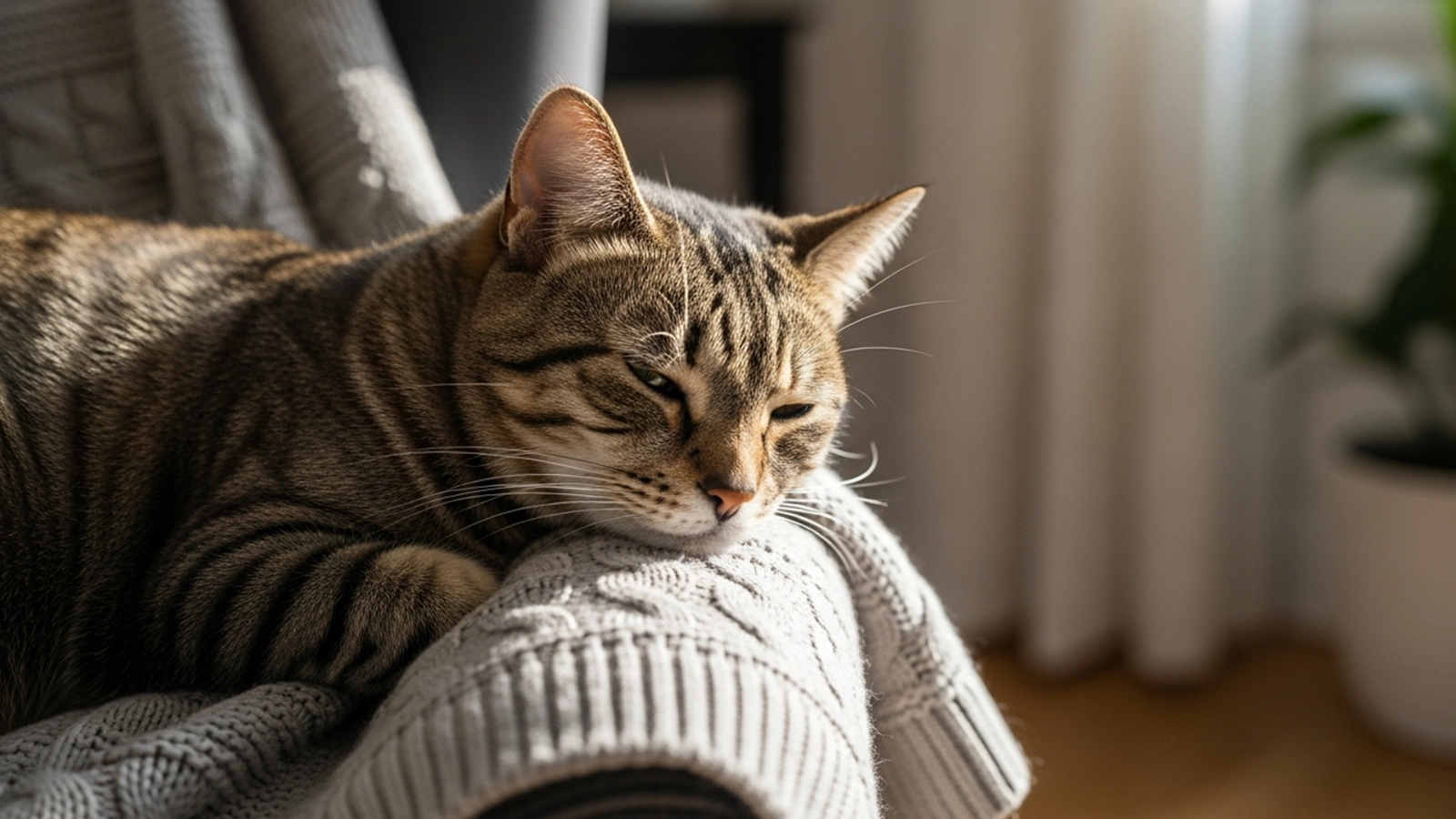 calm cat resting peacefully near owner after stressful interaction