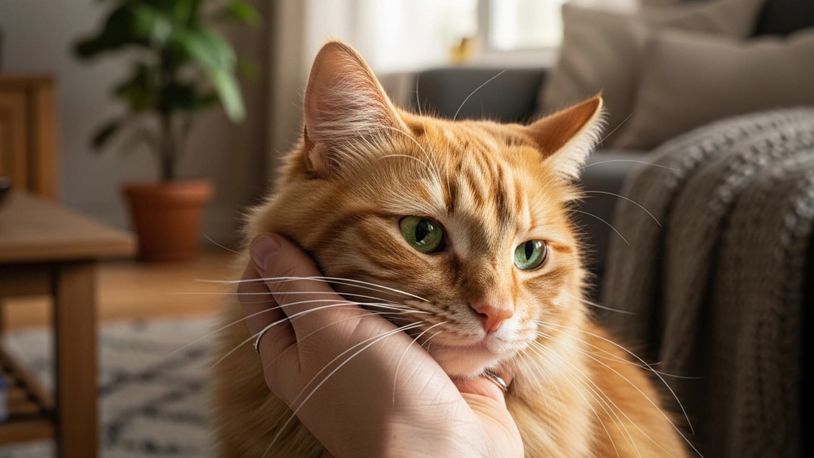 An indoor cat calmly leaning into its owner’s hand during gentle bonding time at home.