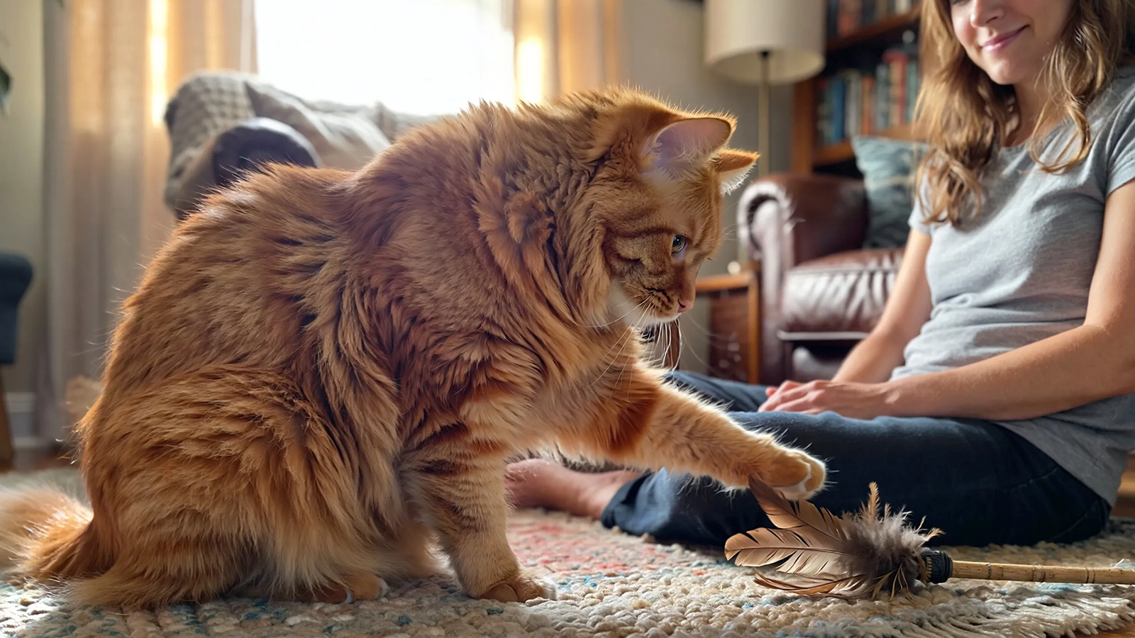 A relaxed indoor cat engaging in calm, choice-based play with its owner in a quiet room.