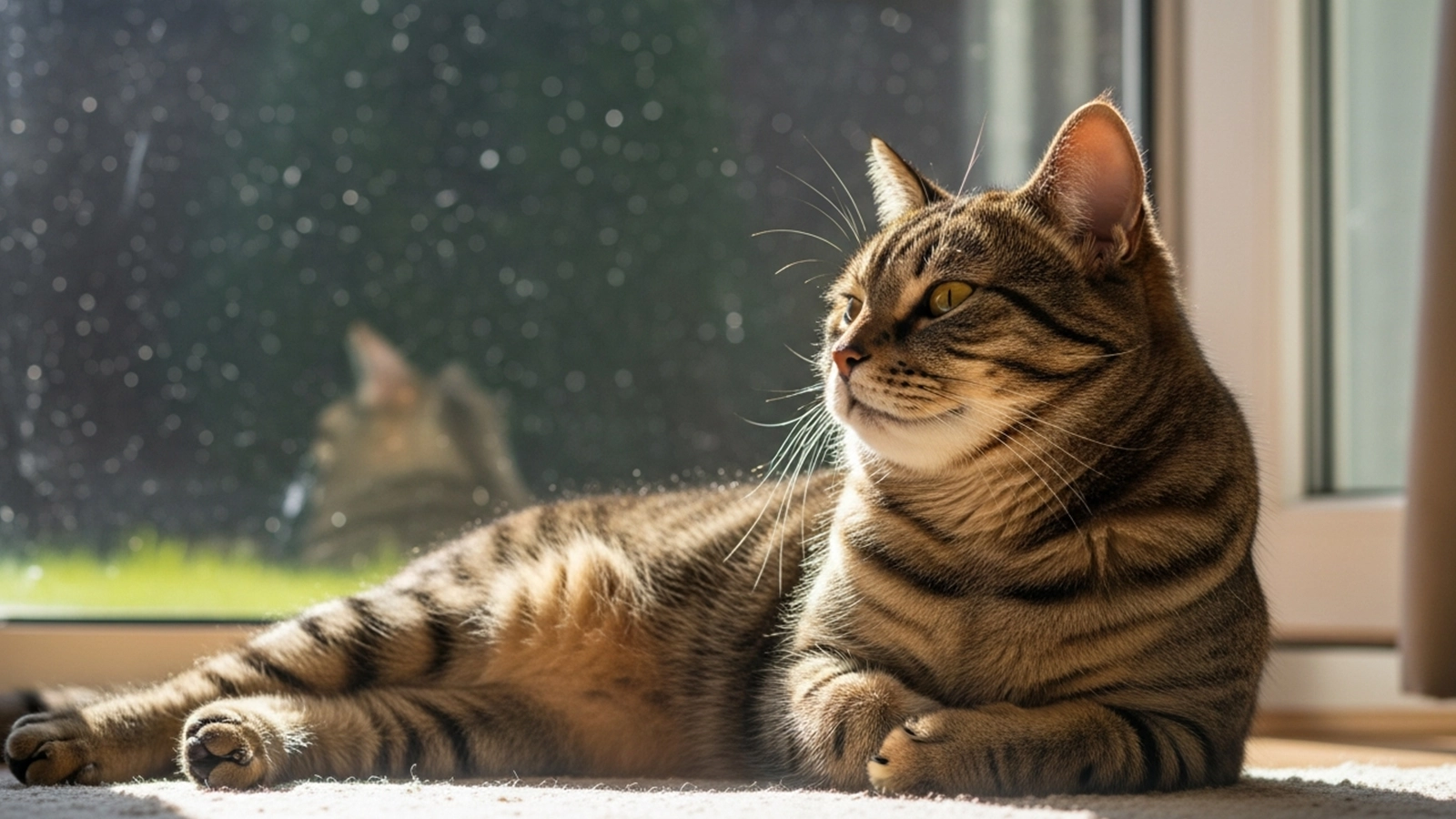 A content indoor cat resting peacefully near a sunlit window after eating, symbolizing long-term health and comfort.