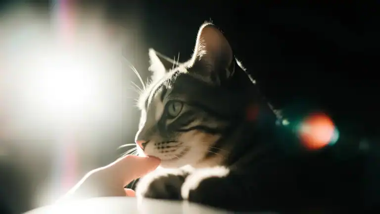 “Cat gently touching its owner’s hand in soft natural light”