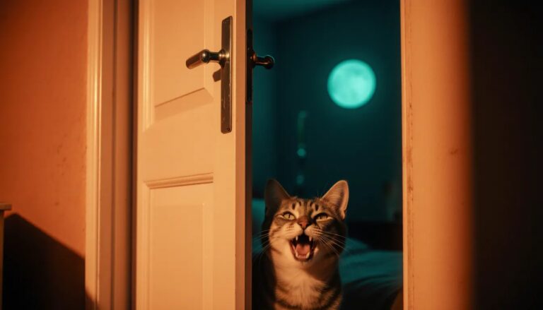 A domestic cat meowing outside a bedroom door during the night, expressing nighttime vocalization behavior