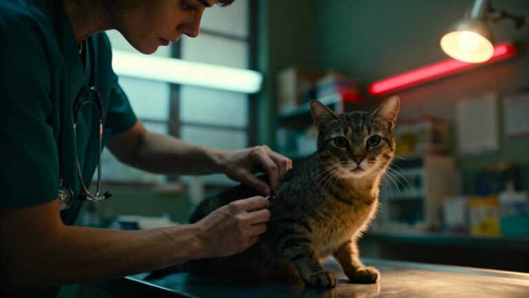 A cat owner gently observing their cat for subtle early signs of illness in a calm home setting