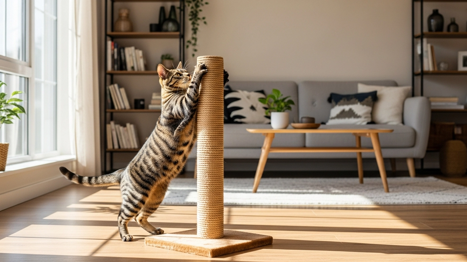 An indoor cat stretches and scratches confidently on a vertical scratching post in a calm home environment.