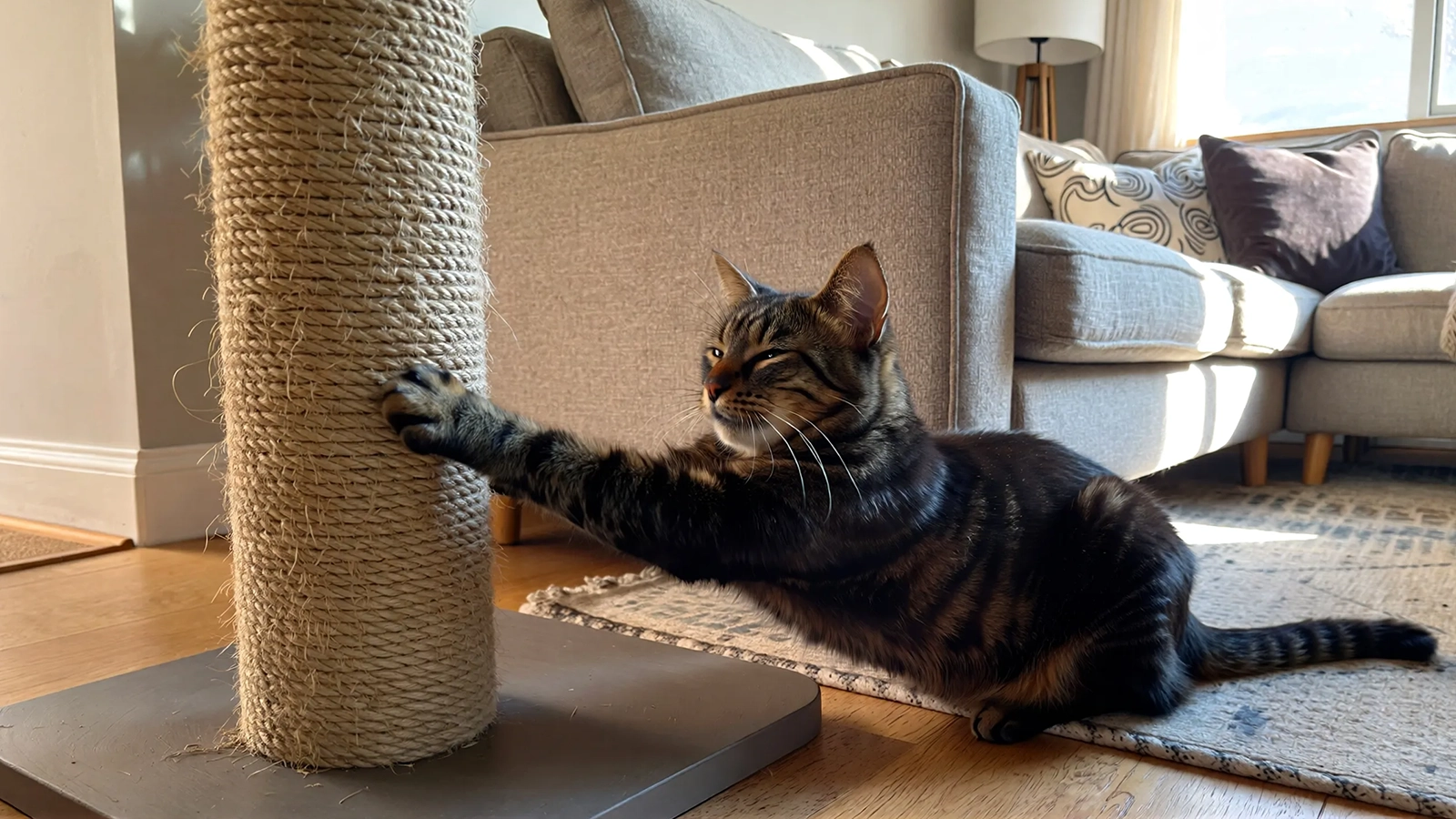 A scratching post positioned near a sofa where a cat naturally stops to stretch and scratch.