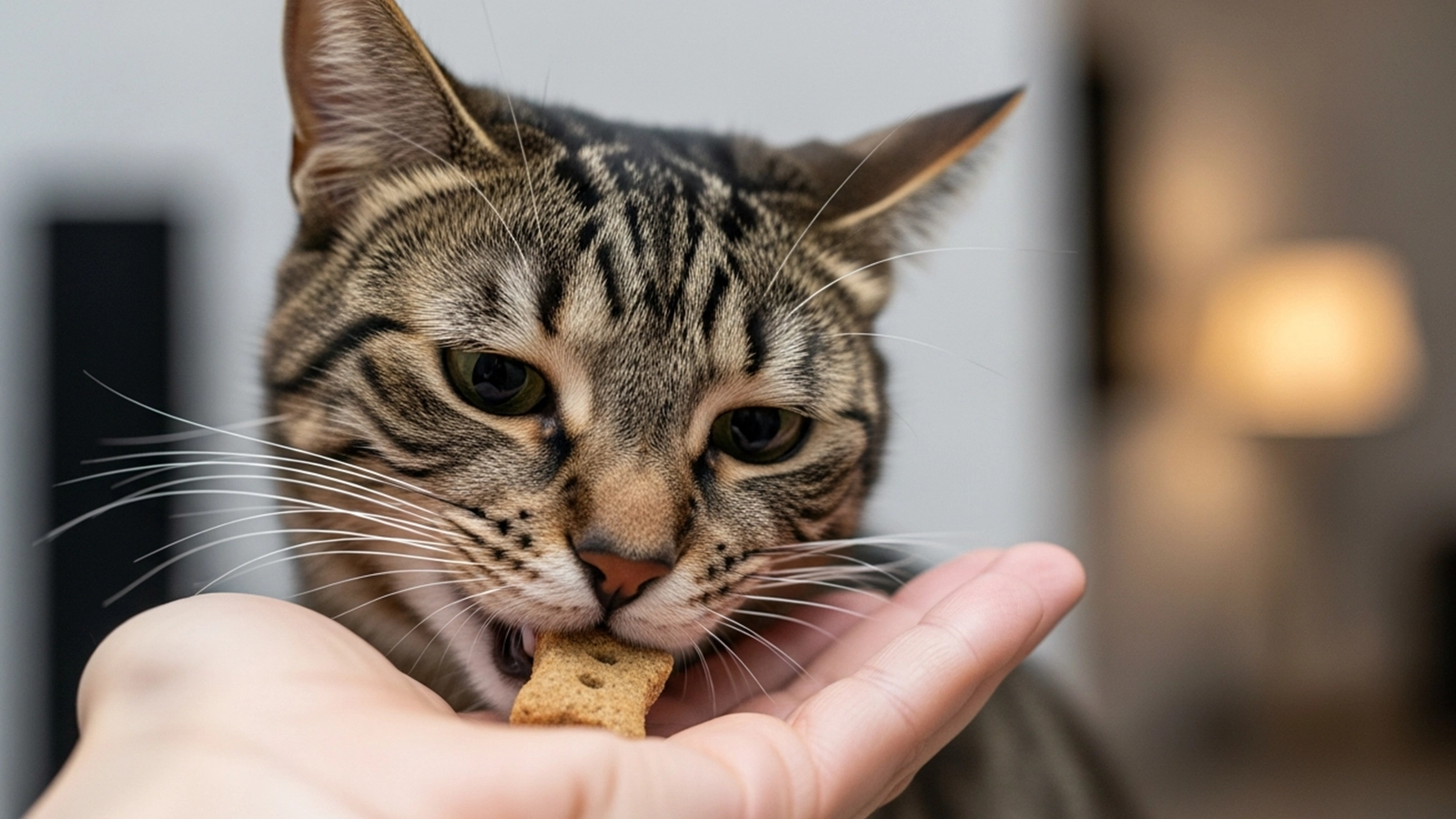 A cat receiving a very small, controlled portion of food as a treat rather than a full meal.