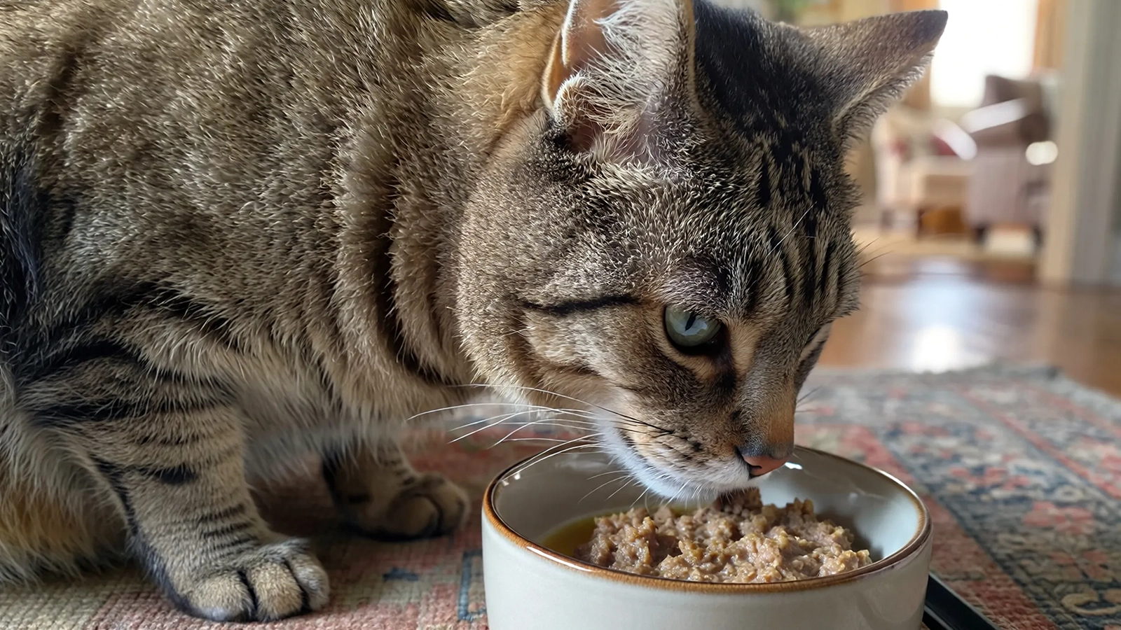 A senior cat eating a veterinarian-approved diet tailored to specific health needs.