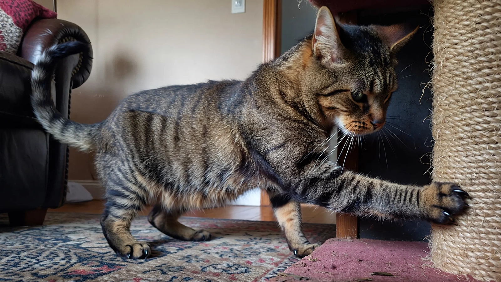 A cat displays tense body language while scratching, suggesting stress rather than routine behavior.