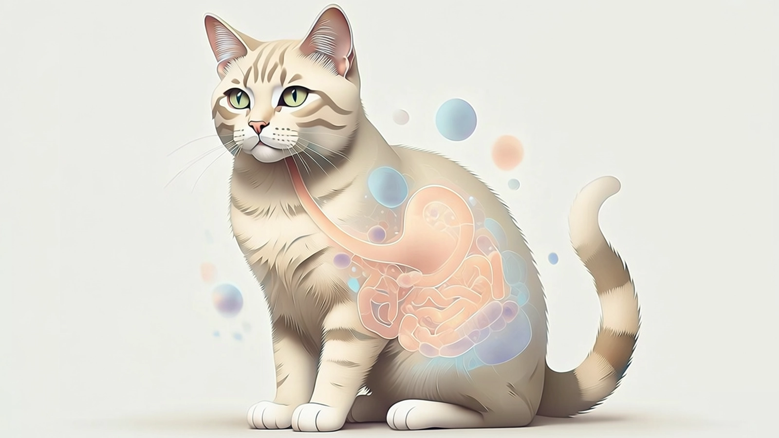 An educational illustration showing how diet influences a cat’s digestive and immune systems.