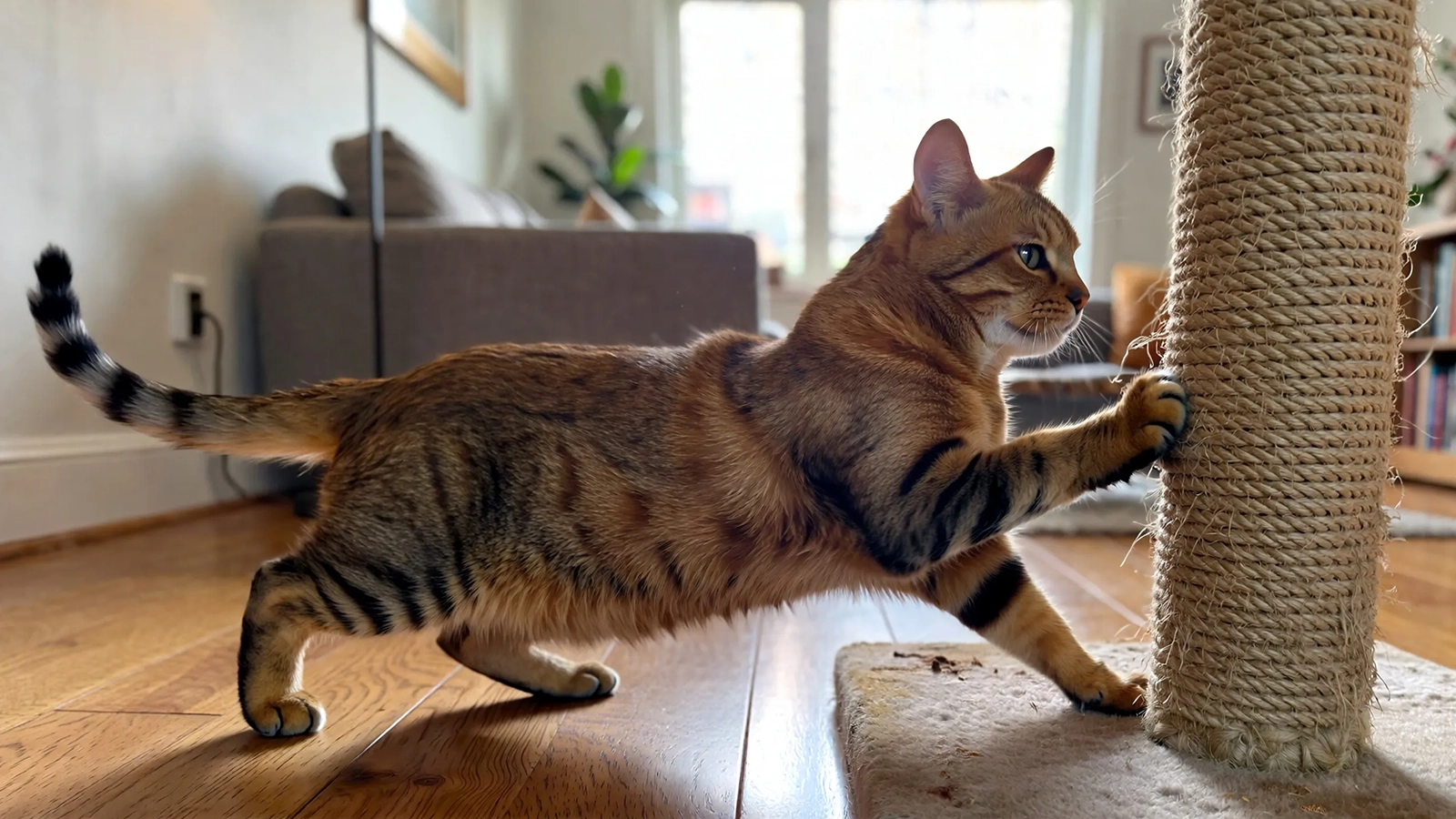 A relaxed cat incorporates scratching into a calm daily routine, showing comfort and confidence.